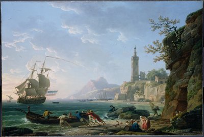 Claude-Joseph Vernet. Paesaggio costiero sul Mediterraneo. Nave mercantile olandese in una baia. da Claude Joseph Vernet